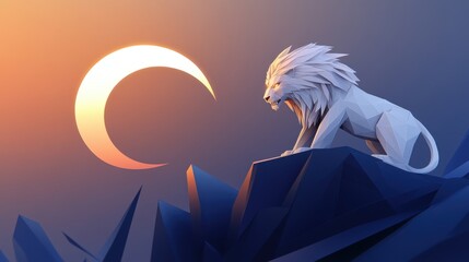 Fototapeta premium Geometric White Lion Overlook Under Crescent Moon in Digital Art Style