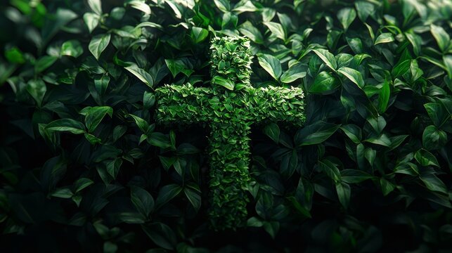 Christianity cross made of green leaves, serene church holiday background