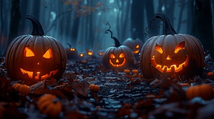 Fototapeta premium Halloween night in a dark foggy forest with spooky pumpkins and moonlight