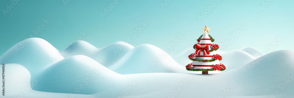 Wall mural a festive christmas tree adorned with a red bow stands in the snowy landscape, capturing the holiday