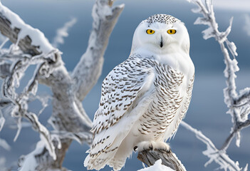 Fototapeta premium Snowy Owl with Bright Feathers on Frosted Branch, 4K 