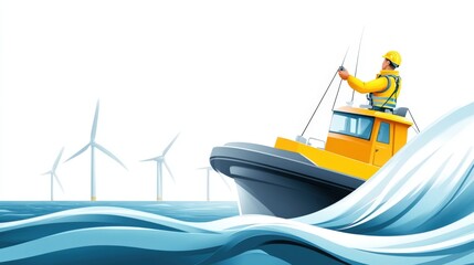 Obraz premium Worker on Boat Navigating Coastal Waters near Offshore Wind Farm Installation