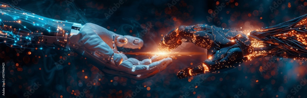 Poster ai robot and human interaction on digital brain and virtual screen with glowing lights, advanced tec