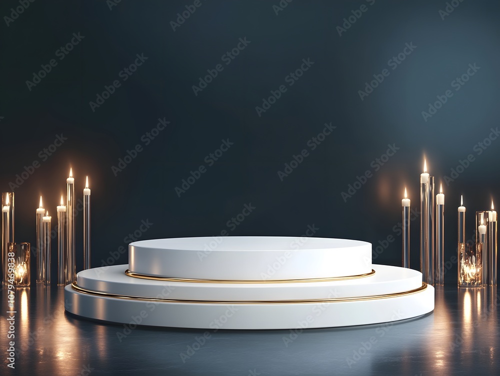 Poster a minimalist display podium surrounded by glowing candles, creating an elegant atmosphere.