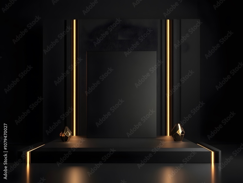 Poster a minimalist black display with glowing edges and geometric shapes for showcasing products.