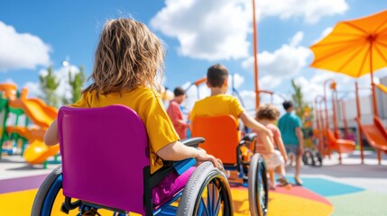 Children of all abilities enjoy an accessible playground together under a bright sky, symbolizing unity and inclusion for Inclusive Schools Week.