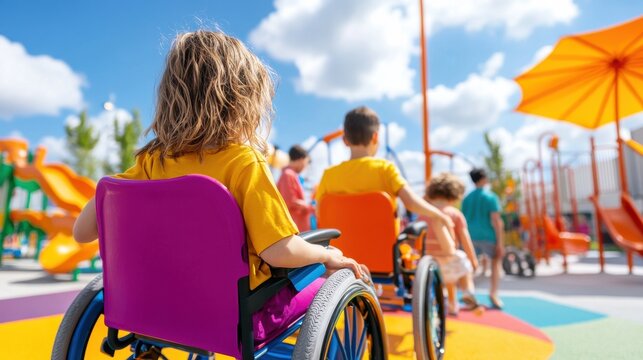 Children of all abilities enjoy an accessible playground together under a bright sky, symbolizing unity and inclusion for Inclusive Schools Week.