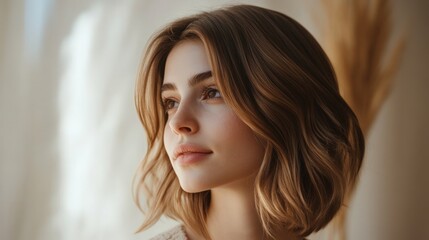 Naklejka premium Modern lob haircut with soft waves and a chic side part, showcasing a contemporary twist on traditional hairstyles, perfect for trendy fashion inspiration.