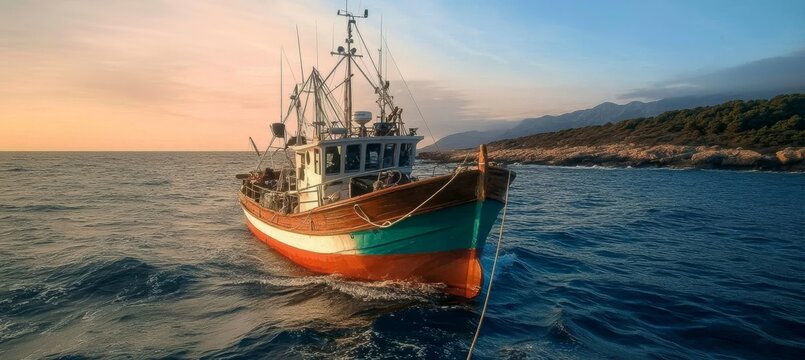 Classic Red And Green Fishing Vessel Sailing Calm Waters Beautiful Sunny Day, Aerial View