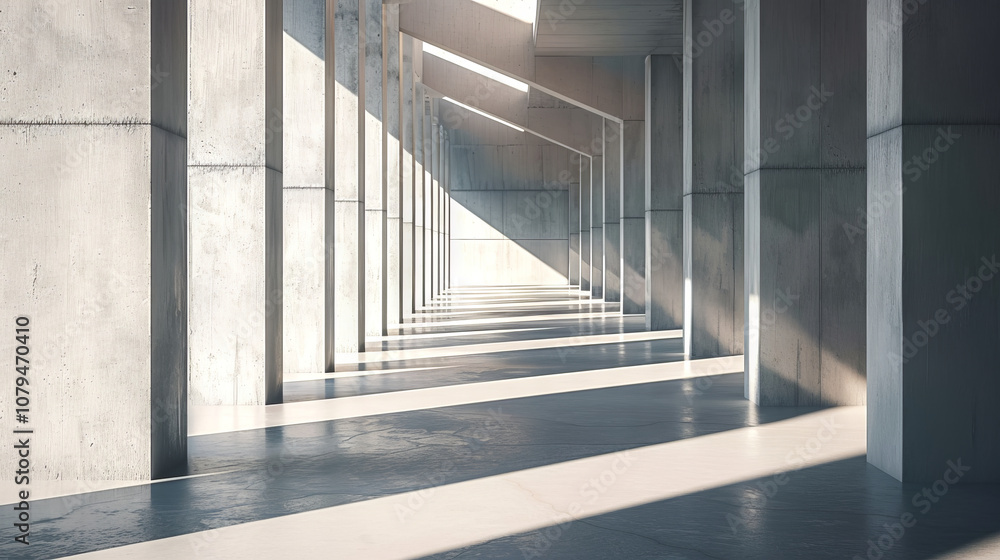 Poster minimalist concrete hallway with sunlit patterns and smooth surfaces reflecting modern architecture.