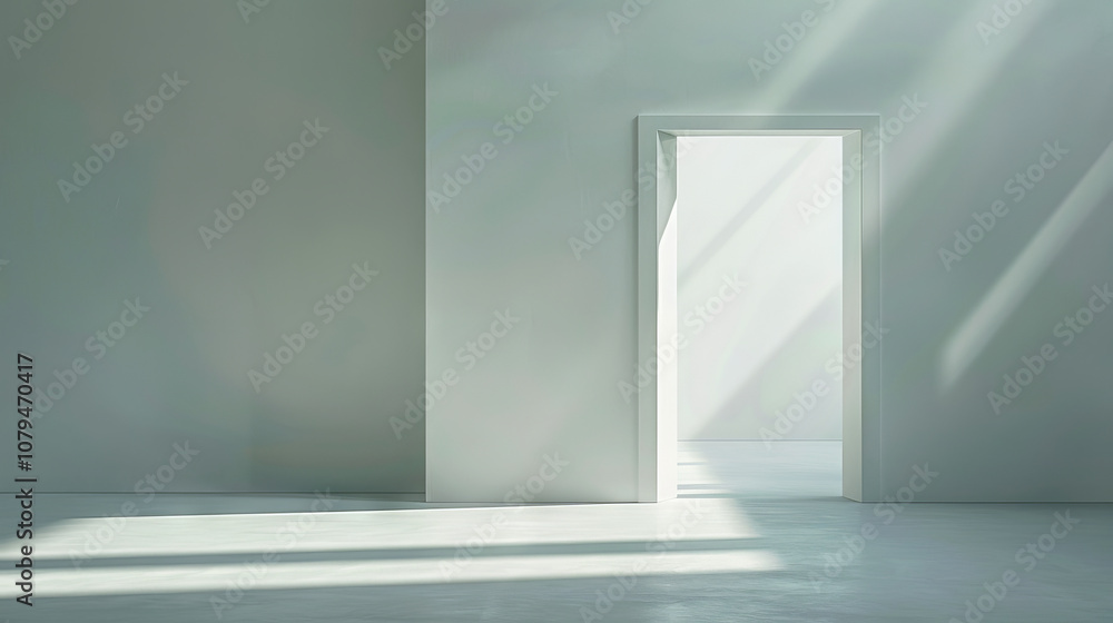 Poster minimalist interior with a narrow doorway and soft sunlight streaming through, creating a serene and