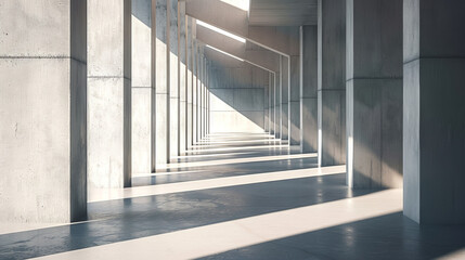 Obraz premium Minimalist Concrete Hallway with Sunlit Patterns and Smooth Surfaces Reflecting Modern Architecture. Minimalist empty interior. Copy space