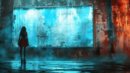 Neon Blue Speech Bubble on Brick Wall Background with Glowing Light Effect and Copy Space