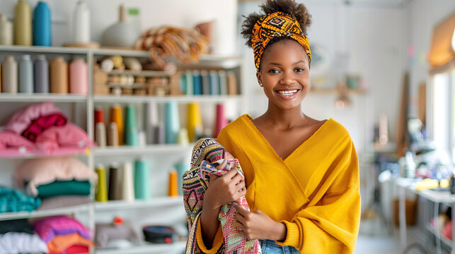 Smiling African American Woman Seamstress Holding Vibrant Fabric in Creative Studio. Concept of Fashion Design, Textile Crafting, Artistic Style, Cultural Heritage - Powered by Adobe