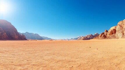 Naklejka premium Panoramic Desert Landscape, expansive view of vibrant red sand dunes under a brilliant blue sky, capturing the serene beauty and vastness of a midday desert scene