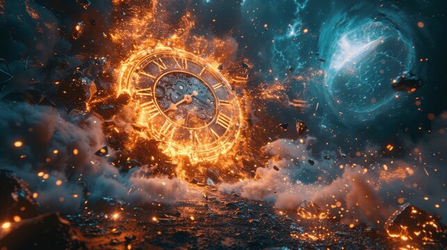 Surreal Clock Explosion in Abstract Fantasy Space