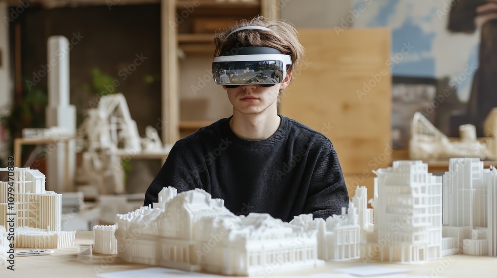 Wall mural augmented reality interaction in a modern workspace, individual engaging with three-dimensional mode