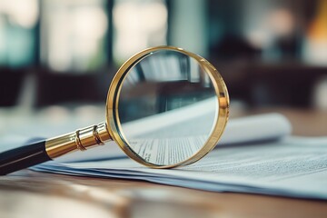 Fototapeta premium A magnifying glass resting on a stack of documents, suggesting examination or analysis.