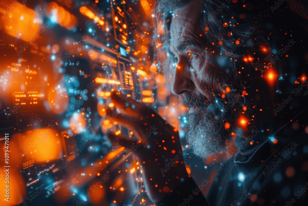 Poster ai technology for business success: businessman using smartphone with virtual screens and hologram i