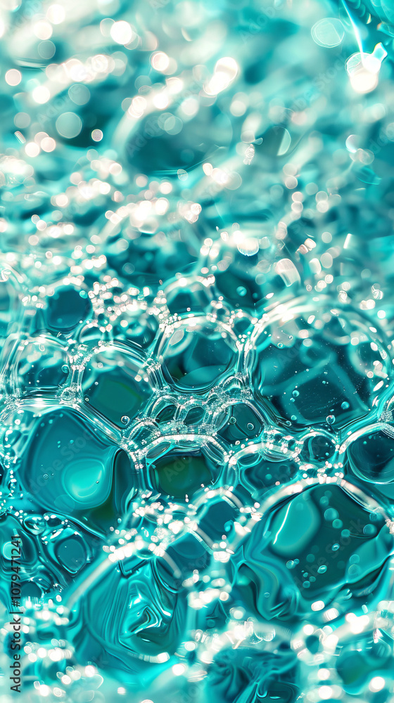 Poster close-up of turquoise soap bubbles creating a shimmering and textured surface - concept of cleanline