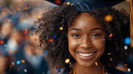 African American Female Student Celebrating Graduation with Confetti and Ribbon