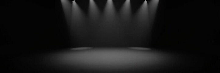 Black room studio with a gradient gray spotlight and perspective floor creating an immersive atmosphere, mood lighting, indoor setting, minimalist design