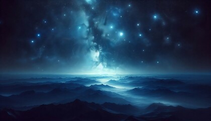 Fototapeta premium Milky Way arch. Fantastic night landscape with bright arched milky way, purple sky with stars, blue light and hills. Beautiful scene with universe. Space background with starry sky. Galaxy and nature