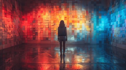 Creative brainstorming and team strategy meeting in an office with colorful post-it notes on an interactive wall