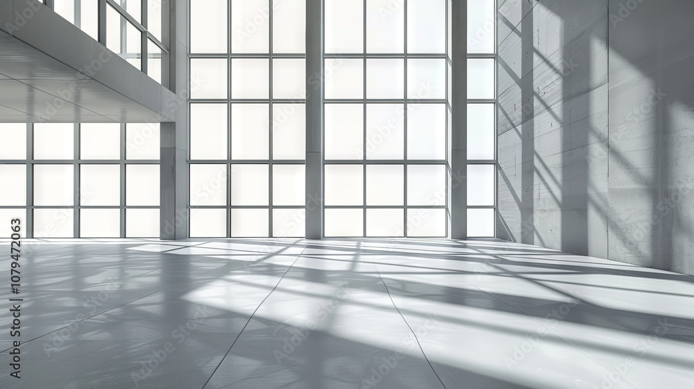 Poster modern sunlit atrium with geometric shadows on white walls and floor creating minimalist and archite