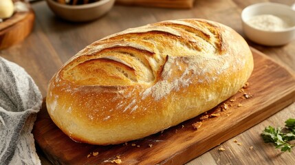 Naklejka premium Freshly baked artisanal bread on a wooden cutting board