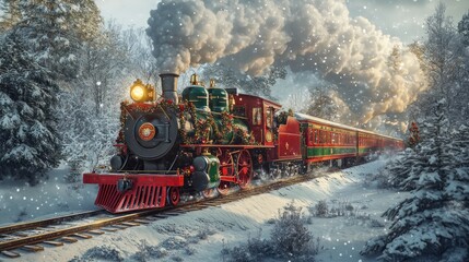 Festive steam train traveling through a snowy landscape.