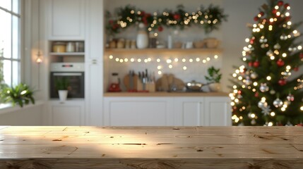 Wooden Tabletop with Blurred Background of Festive Kitchen and Decorated Christmas Tree