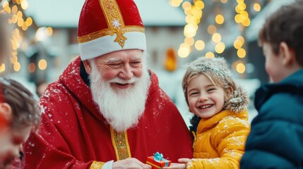 St. Nicholas joyfully hands a gift to a smiling child in a snowy, festive setting, celebrating St. Nicholas Day.