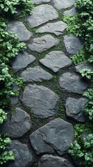 Stone pathway surrounded by lush greenery and plants.