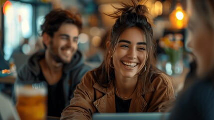 Happy young professionals laughing and collaborating in a modern office setting