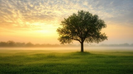 Obraz premium Lone tree standing in a misty green field at sunrise