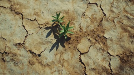Resilient plant emerging from parched cracked earth surface