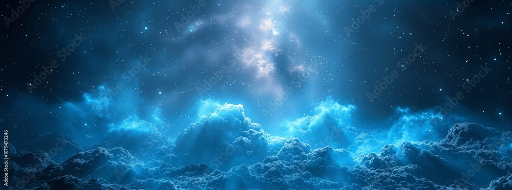 Poster abstract blue gradient background with spotlight and glowing light on dark backdrop, grainy texture 