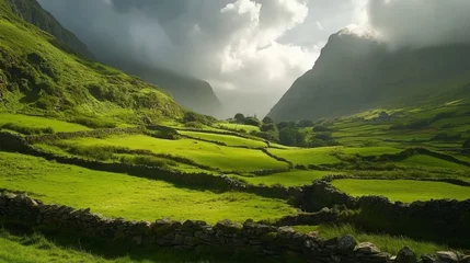 Stickers Weide Scenic Irish Countryside, expansive green fields, ancient stone walls, dramatic cloud formations, tranquil landscape, a picturesque view of nature's beauty in Ireland  © Monchisa