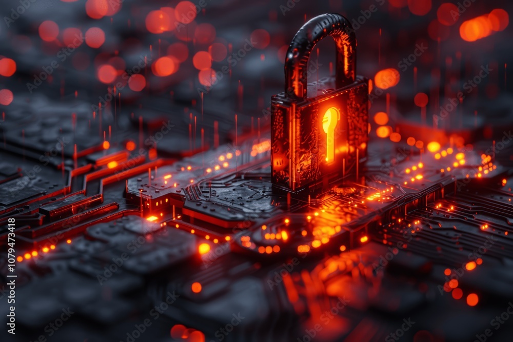 Poster futuristic padlock with digital blocks in cyber security background