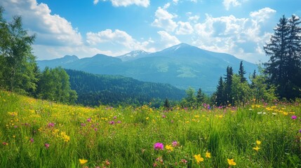 Fototapeta premium Vibrant Mountain Landscape with Lush Forest and Colorful Wildflowers, showcasing a breathtaking natural setting filled with rich greenery and lively floral accents