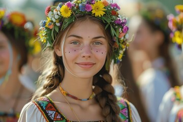 Joyful Slavic Festival with Traditional Dresses and Floral Wreaths