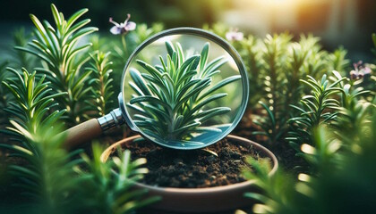 Closeup looking plants in a magnifying glass fresh green leaves of rosemary herb in garden     