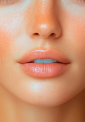 Fototapeta premium Close-up of a radiant model's lips highlighting soft, natural beauty under warm lighting in a serene atmosphere, capturing the essence of contemporary skincare and makeup artistry