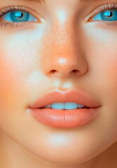 Fototapeta premium A close-up of a mesmerizing young woman’s face featuring radiant skin, striking blue eyes, and full lips, showcasing a natural beauty that captivates with charm and grace in a serene indoor setting