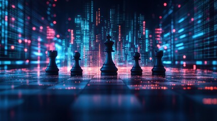 Chess pieces on a futuristic chessboard.