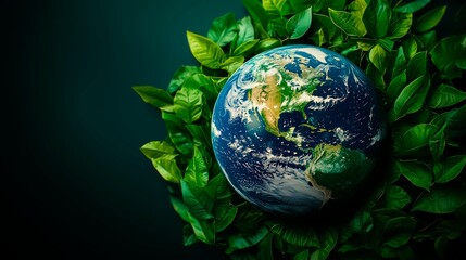 A vibrant view of Earth nestled among lush green leaves, symbolizing the beauty of our planet and the importance of environmental preservation