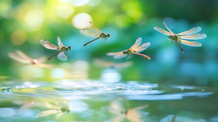 Dragonflies Dance Above Tranquil Pond, showcasing vibrant iridescent wings, gentle ripples on the water, and a peaceful natural setting, inviting calm and reflection.