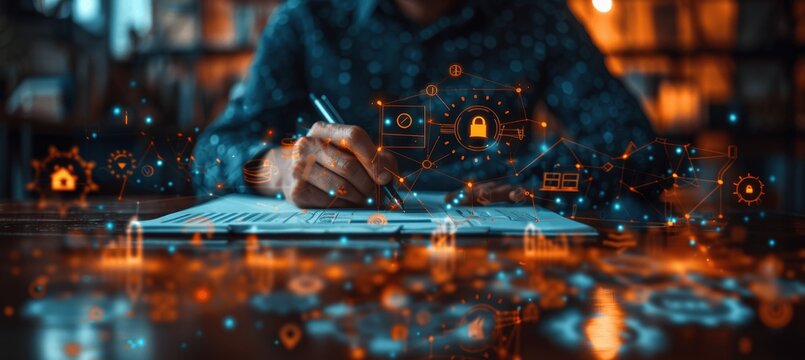 Businessman writing on clipboard with digital icons of documents, houses, gears representing standardization system concept, blurred technology business background, standard stock photography