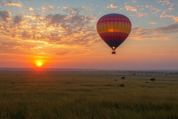 Naklejka premium A stunning hot-air balloon shines brightly against the early morning sky, creating a captivating and colorful spectacle that embodies adventure and serenity.